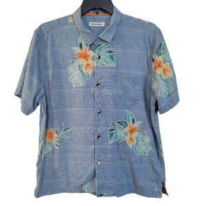 Tommy Bahama Blue Silk Turkish Sea‎ Bloom Adrift Floral Button Front Shirt Large